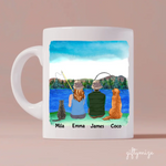 Fishing Couple with Cat and Dog Personalized Mug - Name, skin, hair, dog, cat, background, quote can be customized - Giftymize™️