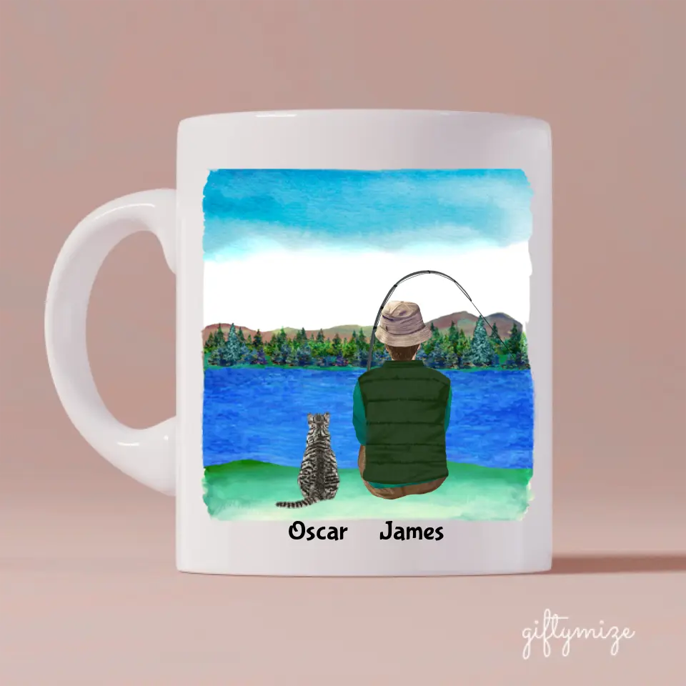 Fishing Man and Cat Personalized Mug - Name, skin, hair, cat, background, quote can be customized - Giftymize™️