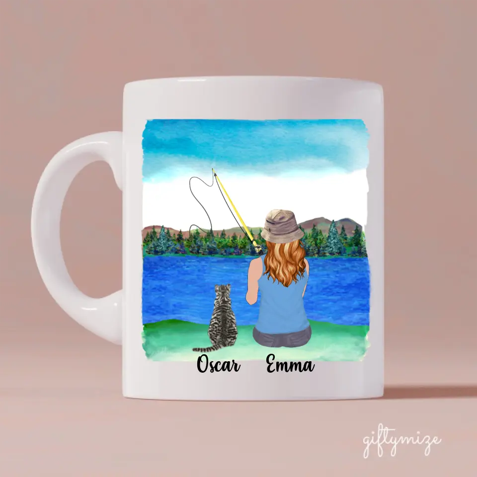 Fishing Woman and Cat Personalized Mug - Name, skin, hair, cat, background, quote can be customized - Giftymize™️