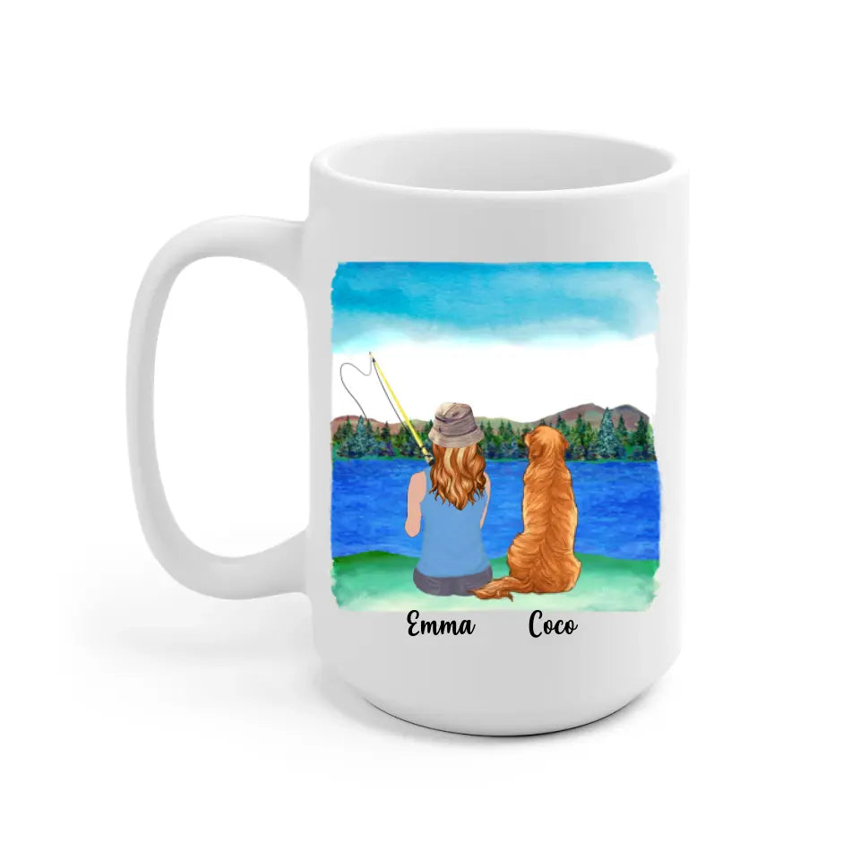 Fishing Woman and Dog Personalized Mug - Name, skin, hair, dog, background, quote can be customized - Giftymize™️