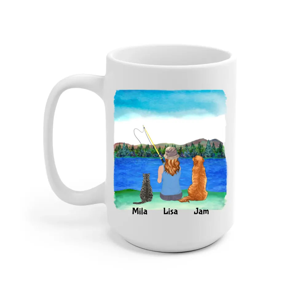 Fishing Woman with Cat and Dog Personalized Mug - Name, skin, hair, cat, dog, background, quote can be customized - Giftymize™️