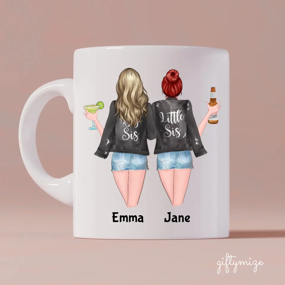 Sisters with Drinks Personalized Mug - Name, skin, hair, quote can be customized