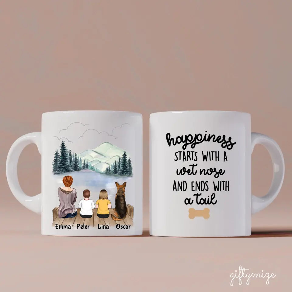 Mother and Little Kids with Dogs Personalized Mug - Name, skin, hair, clothes, dog, background, quote can be customized