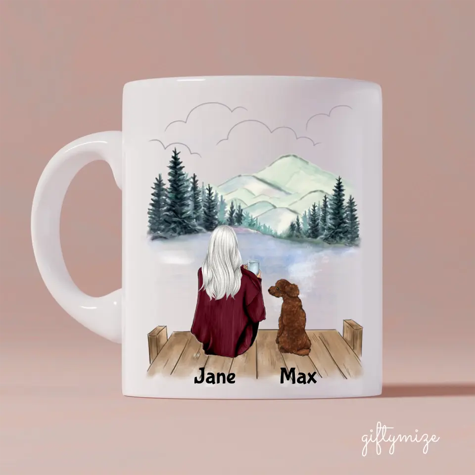 Mother and Dogs Personalized Mug - Name, skin, hair, dog, background can be customized