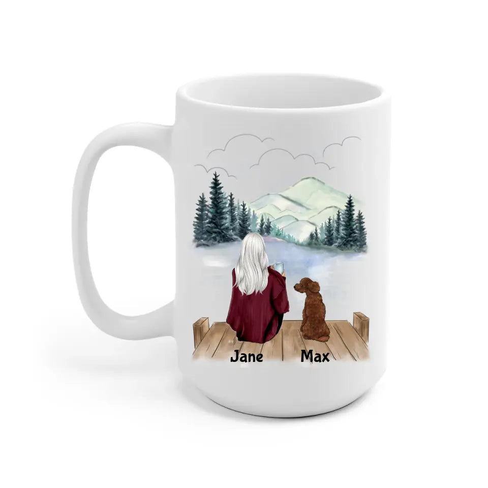 Mother and Dogs Personalized Mug - Name, skin, hair, dog, background can be customized