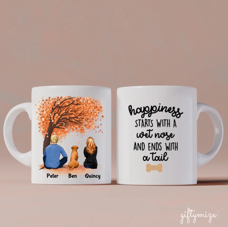 Man and Woman and Dogs Personalized Mug - Name, skin, hair, dog, background, quote can be customized