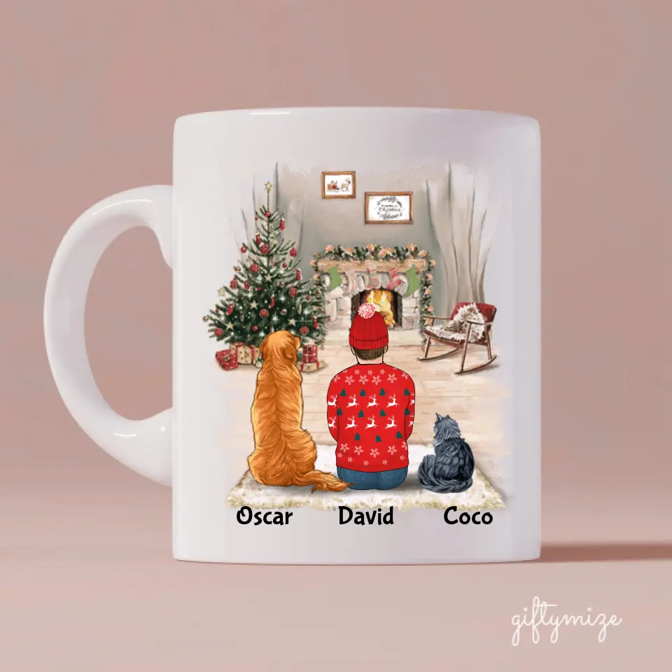 Man with Dogs and Cats Christmas Personalized Mug - Name, skin, hair, cat, dog, background, quote can be customized