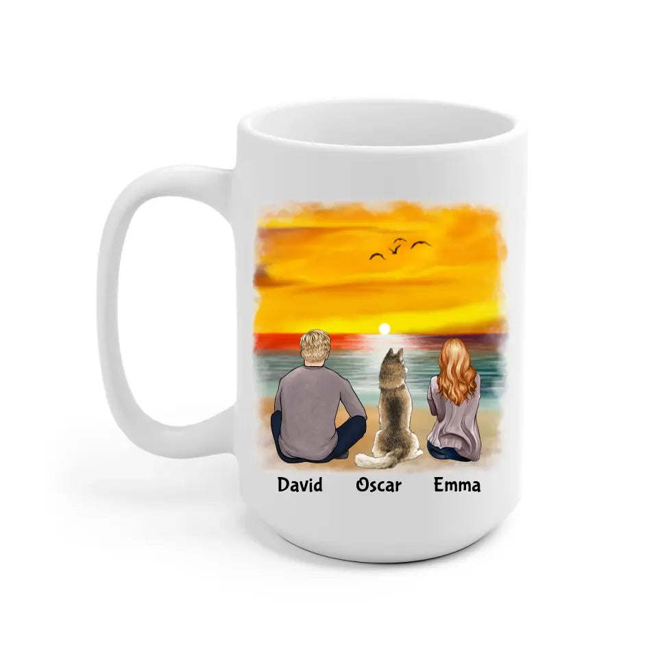 Couple & Dogs on the Beach Personalized Mug - Name, skin, hair, dog, cat, background, quote can be customized