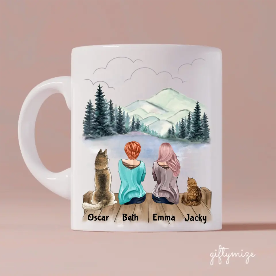 Female Couple With Beloved Dog & Cat Personalized Mug - Name, skin, hair, dog, cat, background, quote can be customized