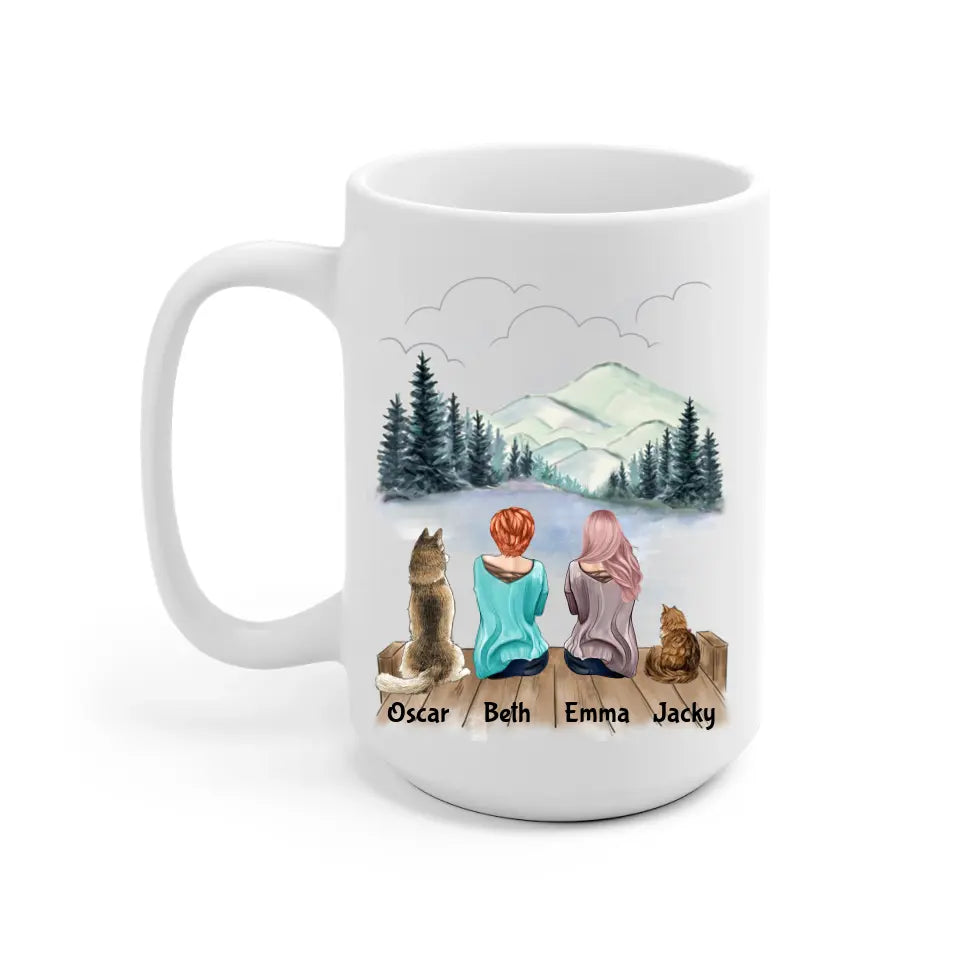 Female Couple With Beloved Dog & Cat Personalized Mug - Name, skin, hair, dog, cat, background, quote can be customized