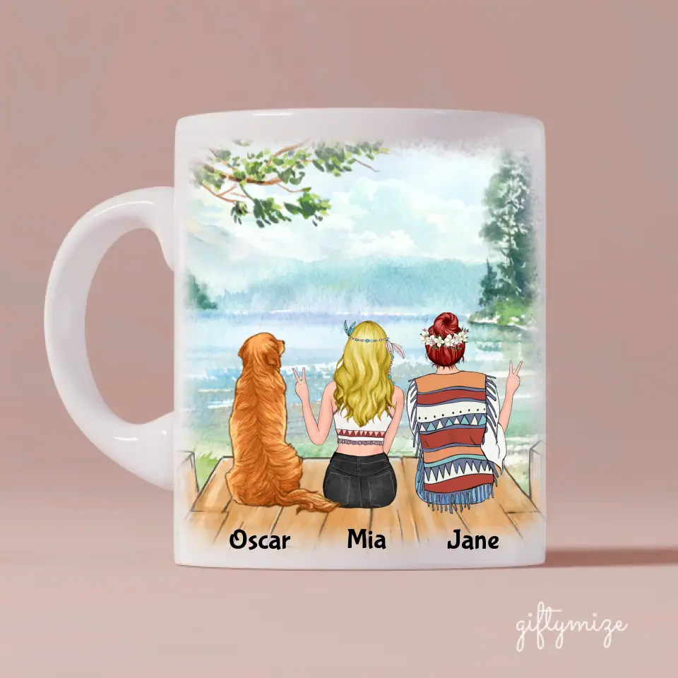 Hippie Sisters and Dog Personalized Mug - Name, skin, hair, dog, background, quote can be customized