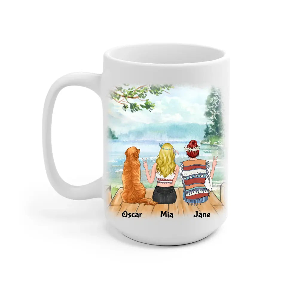 Hippie Sisters and Dog Personalized Mug - Name, skin, hair, dog, background, quote can be customized