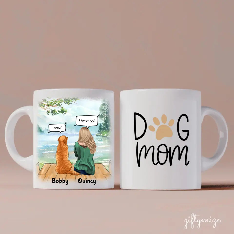 Chatting With Dog Mom Personalized Mug - Name, skin, hair, dog, background, quote can be customized