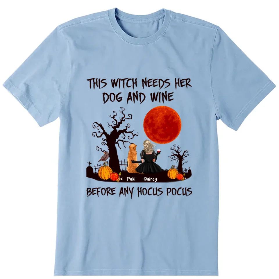 The Witch Needs Dogs And Wine Personalized T-Shirt, Hoodie & Sweatshirt - Dog, name, skin, dress, hair, can be customized