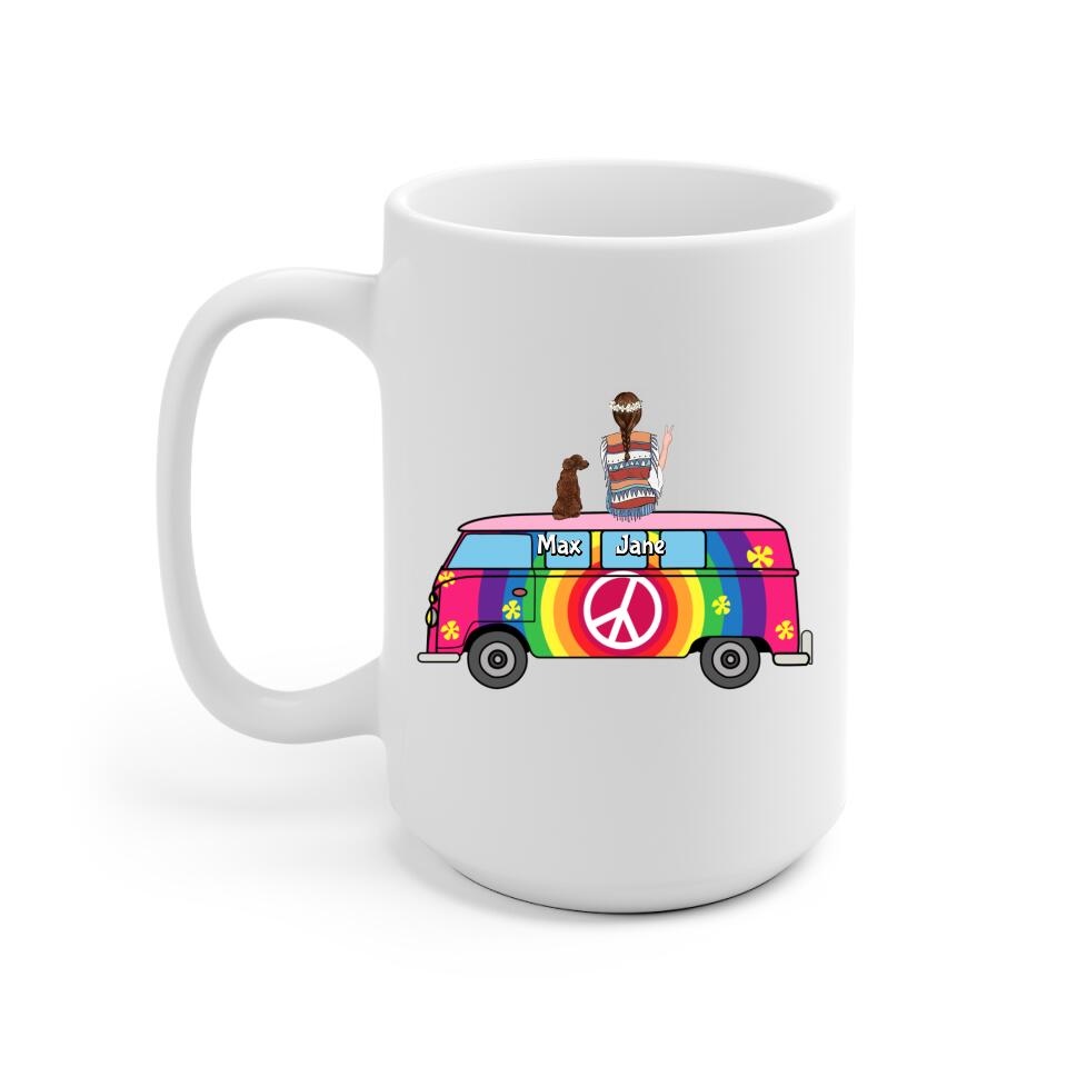 Hippie Girl and Dogs on Bus Personalized Mug - Name, skin, clothes, accessories, hair, dog can be changed