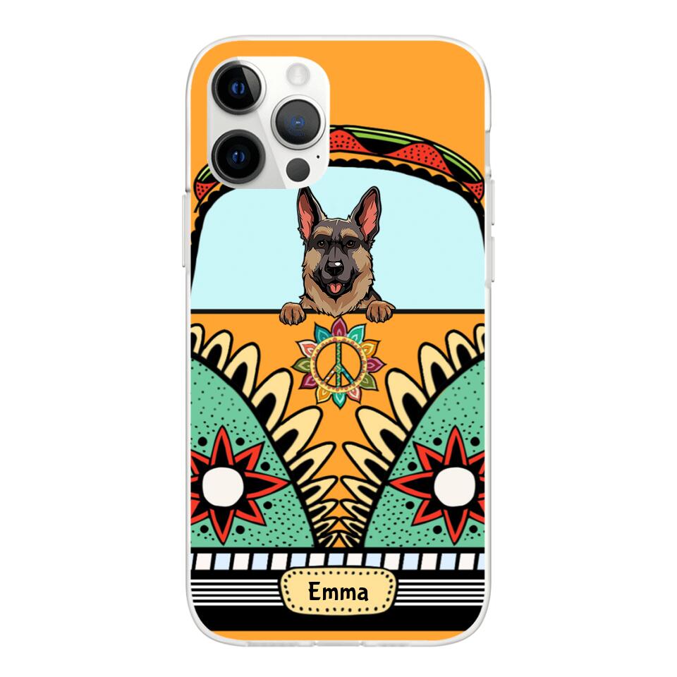 Dogs on Hippie Van Personalized Phone Case for iPhone - Dog, Name can be customized