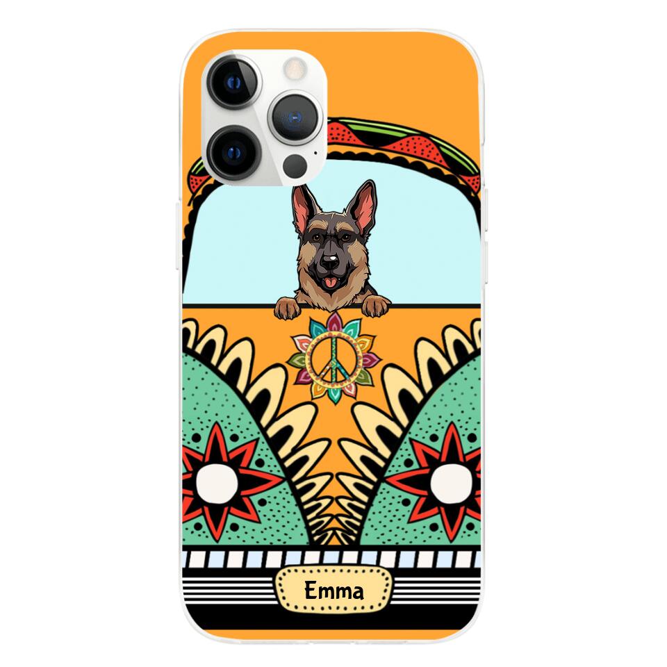 Dogs on Hippie Van Personalized Phone Case for iPhone - Dog, Name can be customized