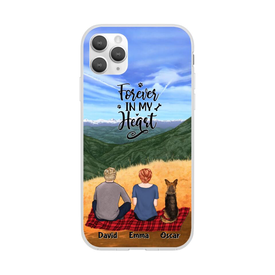 Chilling Couple and Dogs Personalized Phone Case for iPhone - Name, Skin, Hair, Dog, Background, Quote can be customized