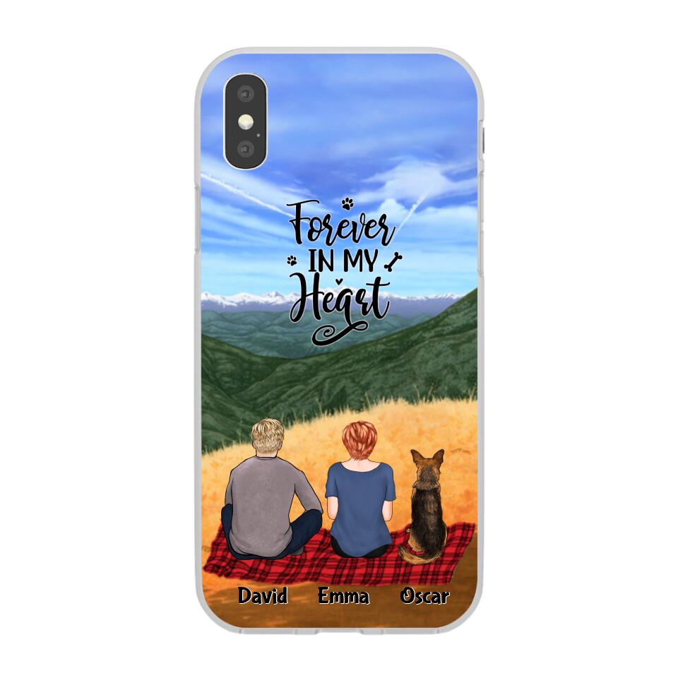 Chilling Couple and Dogs Personalized Phone Case for iPhone - Name, Skin, Hair, Dog, Background, Quote can be customized