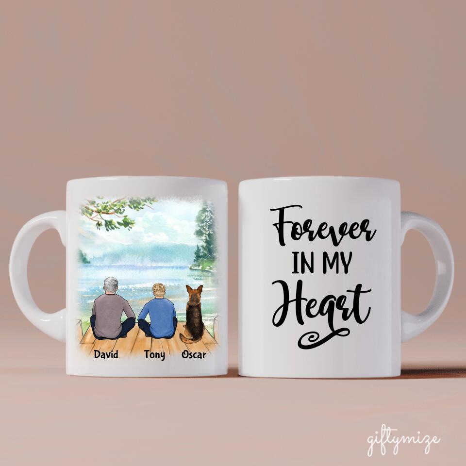 Dad and Son with Dog Squad Personalized Mug - Name, skin, hair, dog, quote, background can be customized