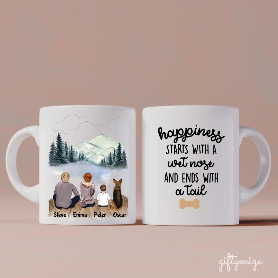 Parents and Little Son with Dogs Personalized Mug - Name, skin, hair, clothes, dog, background, and quote can be customized