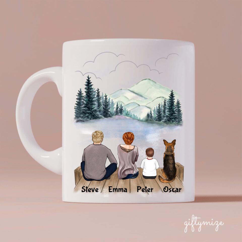 Parents and Little Son with Dogs Personalized Mug - Name, skin, hair, clothes, dog, background, and quote can be customized
