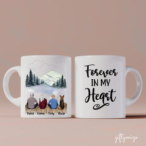 Father and Mother and Son with Dog Personalized Mug - Name, skin, hair, dog, quote, background can be customized