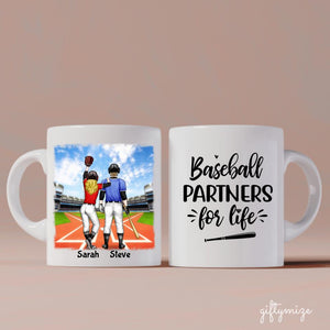 Baseball Couples For Life Personalized Mug - Name, skin, clothes, hair, background, and quote can be customized