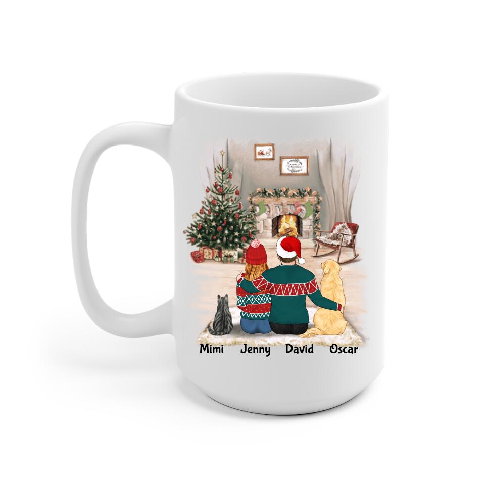 Man and Woman with Cats and Dogs Christmas Personalized Mug - Name, skin, hair, cat, dog, background, quote can be customized