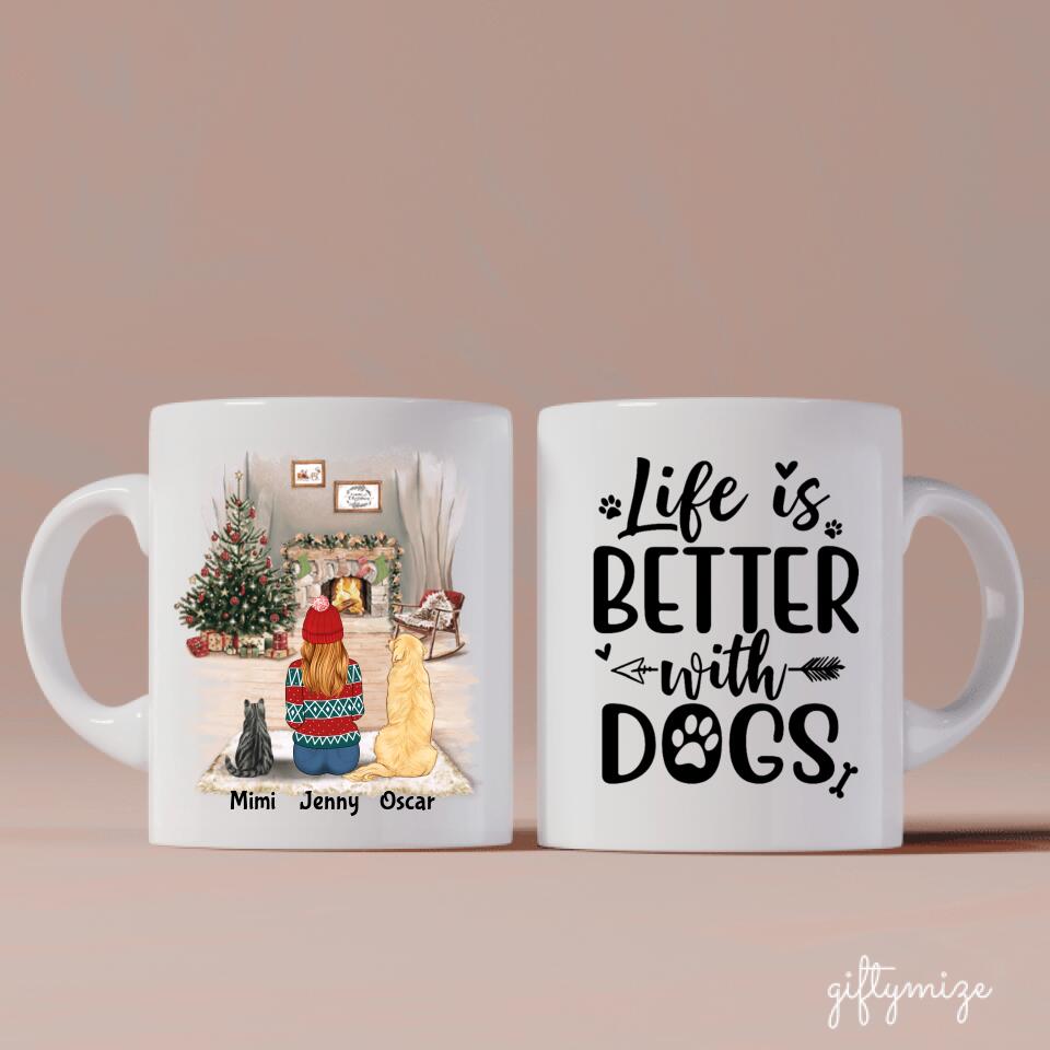 Girl with Cats and Dogs Christmas Personalized Mug - Name, skin, hair, cat, dog, background, quote can be customized