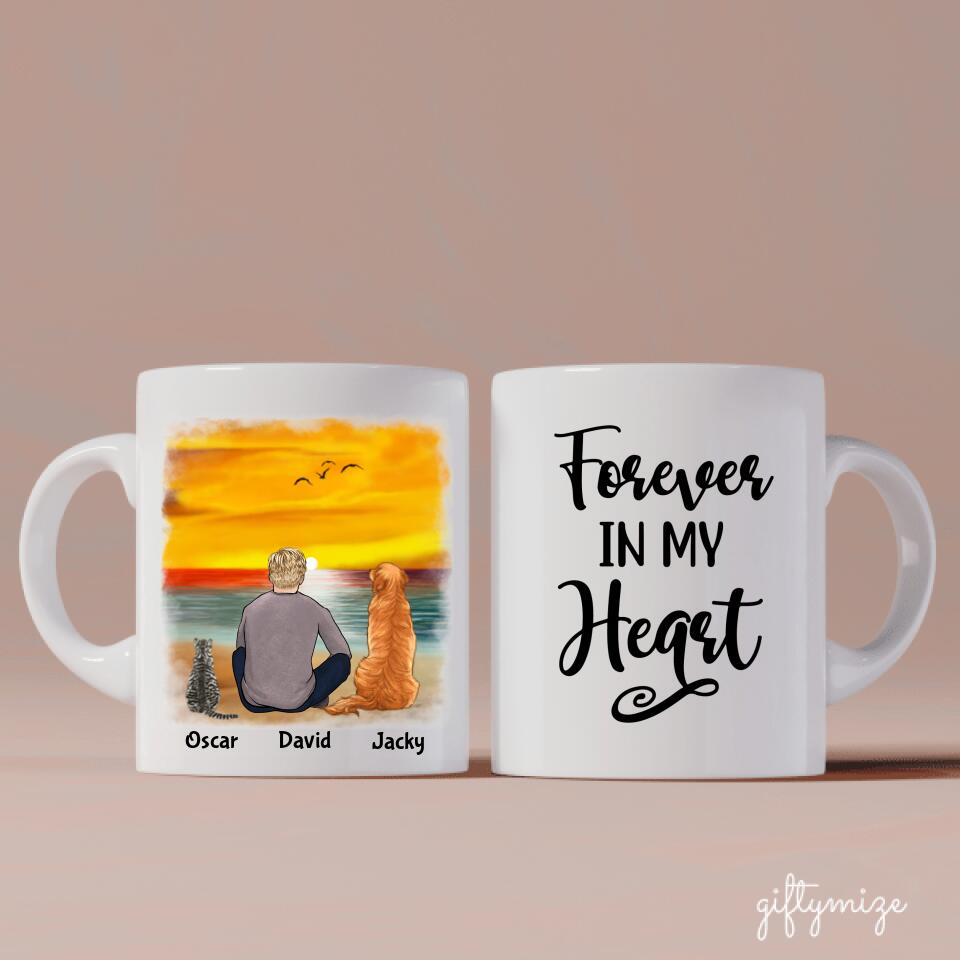 Man with Cats and Dogs on Beach Personalized Mug - Name, skin, hair, cat, background, quote can be customized