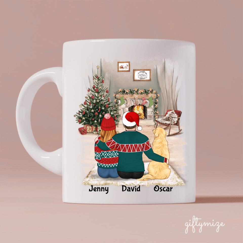 Man and Woman and Dogs Christmas Personalized Mug - Name, skin, hair, dog, background, quote can be customized