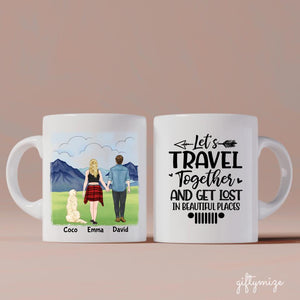 Travel Couple & Dogs Personalized Mug - Name, skin, hair, background, quote can be customized