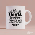 Travel Couple & Dogs Personalized Mug - Name, skin, hair, background, quote can be customized