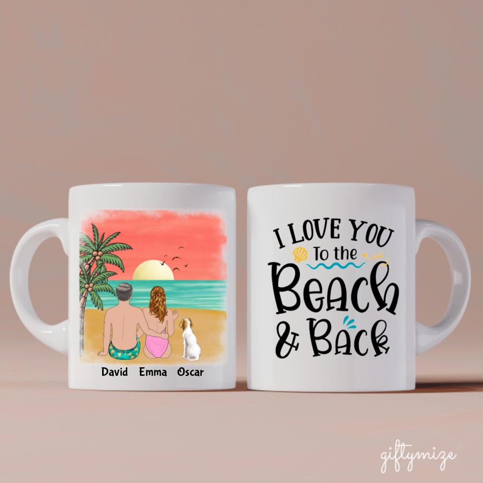 Beach Couple & Dogs Personalized Mug - Name, skin, hair, dog, background, quote can be customized