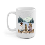 Two Women and Dogs Personalized Mug - Name, skin, hair, dog, background can be customized.