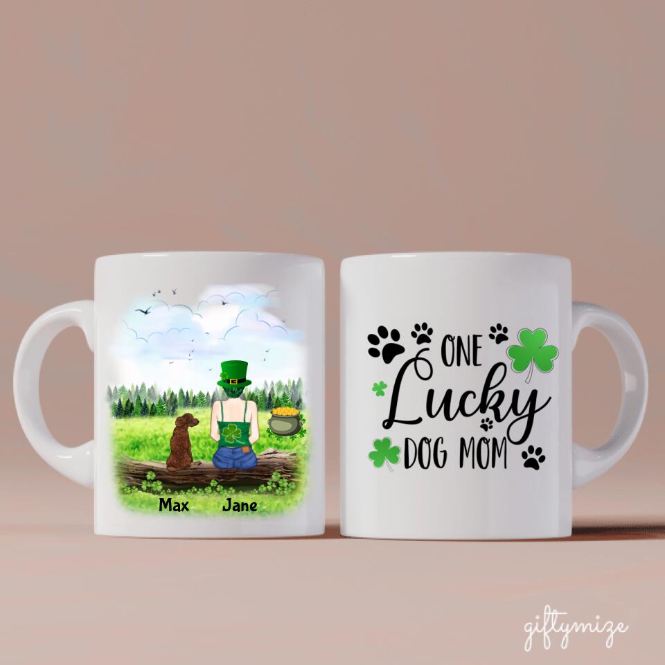 St.Patrick's Day Girl and Dogs Personalized Mug - Name, skin, hair, dog, background can be customized - Giftymize™️