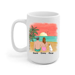 Beach Couple & Dogs Personalized Mug - Name, skin, hair, dog, background, quote can be customized