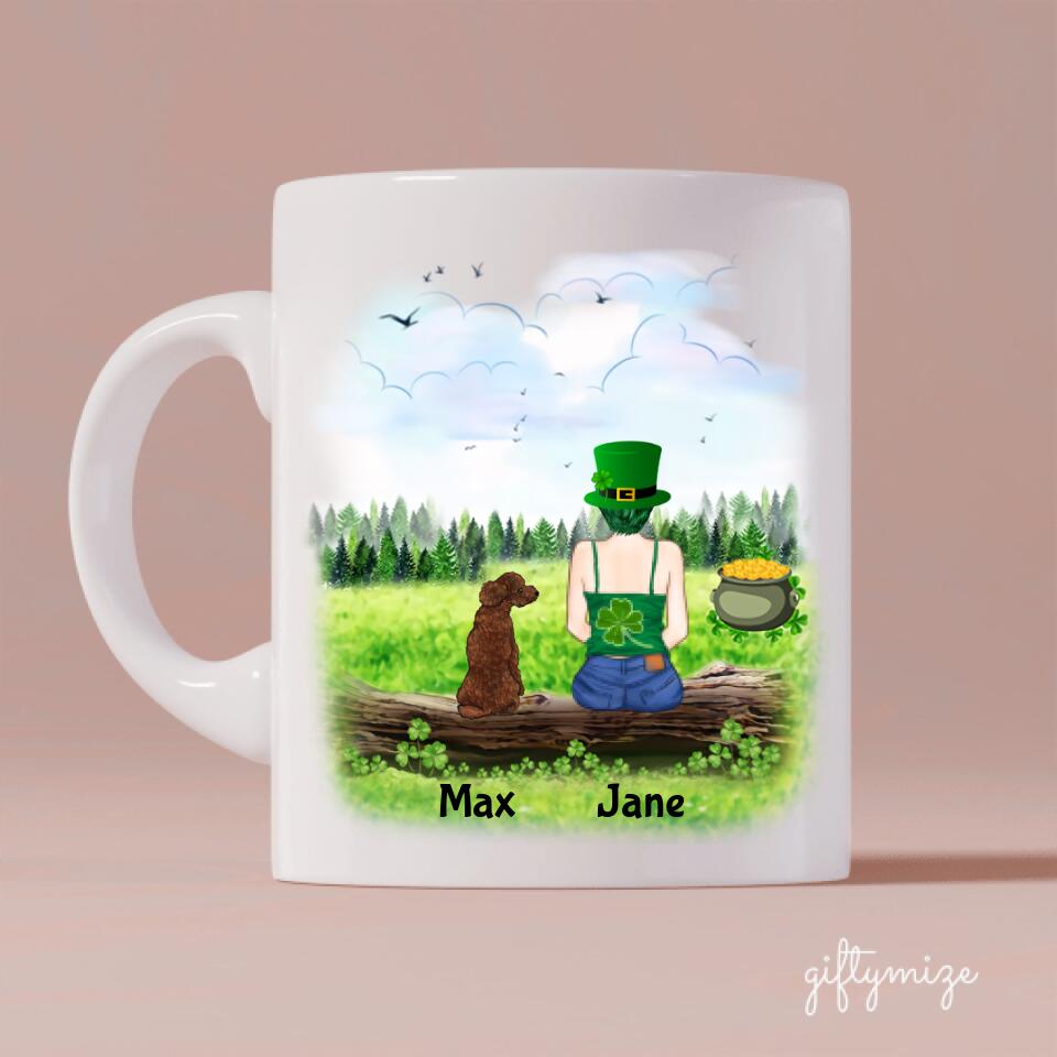 St.Patrick's Day Girl and Dogs Personalized Mug - Name, skin, hair, dog, background can be customized