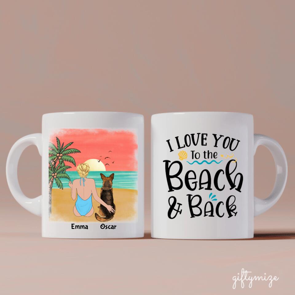 Beach Girl & Dogs Personalized Mug - Name, skin, hair, dog, background, quote can be customized