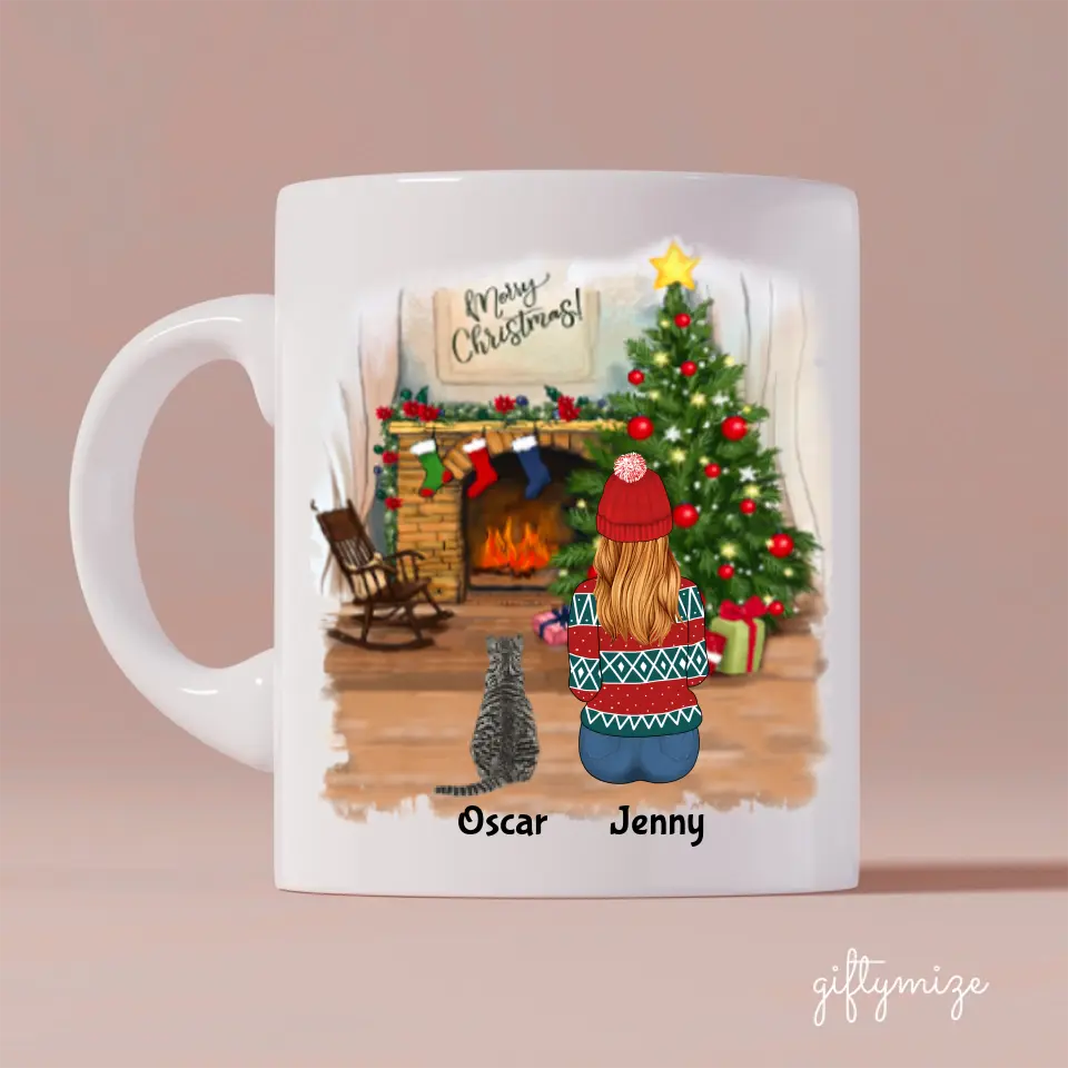Girl and Cats Christmas Personalized Mug - Name, skin, hair, cat, background, quote can be customized