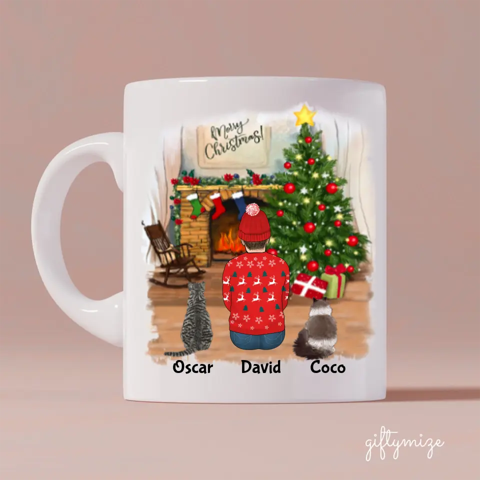 Man and Cats Christmas Personalized Mug - Name, skin, hair, cat, background, quote can be customized - Giftymize™️