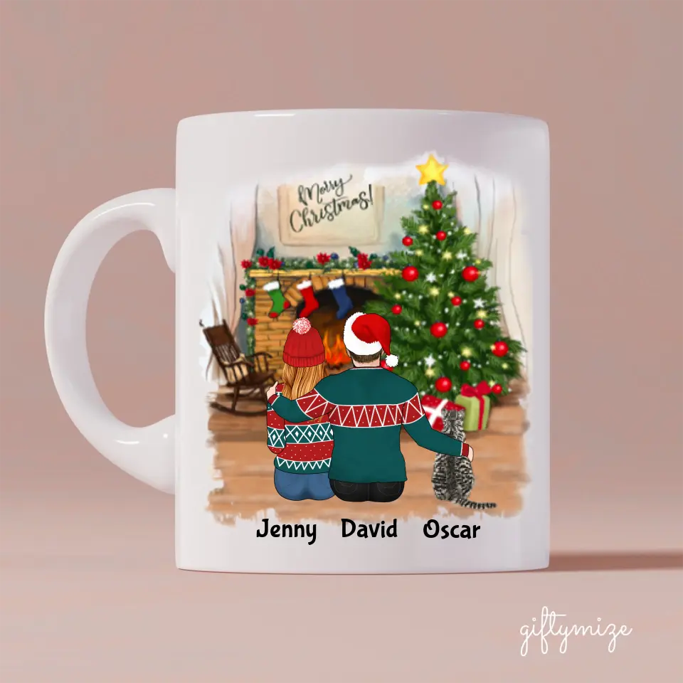 Man and Woman and Cats Christmas Personalized Mug - Name, skin, hair, cat, background, quote can be customized