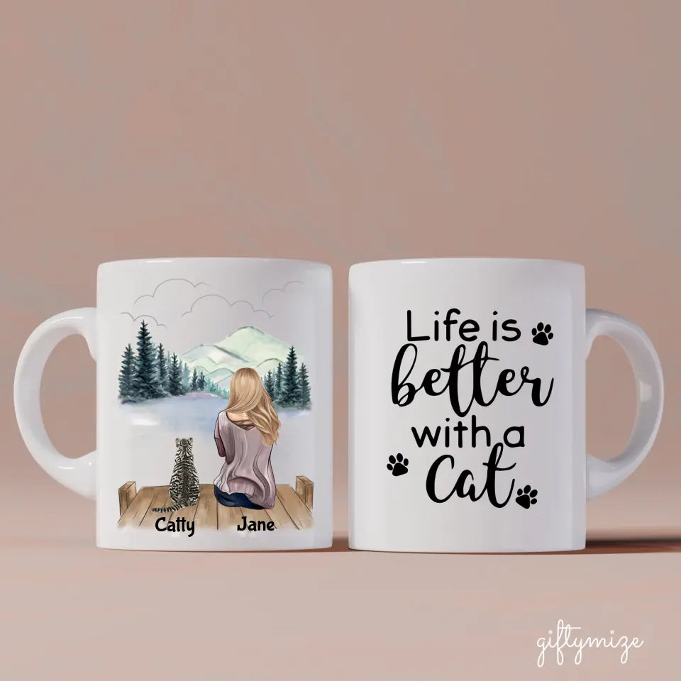 Girl and Cats Personalized Mug - Name, skin, hair, cat, background, quote can be customized