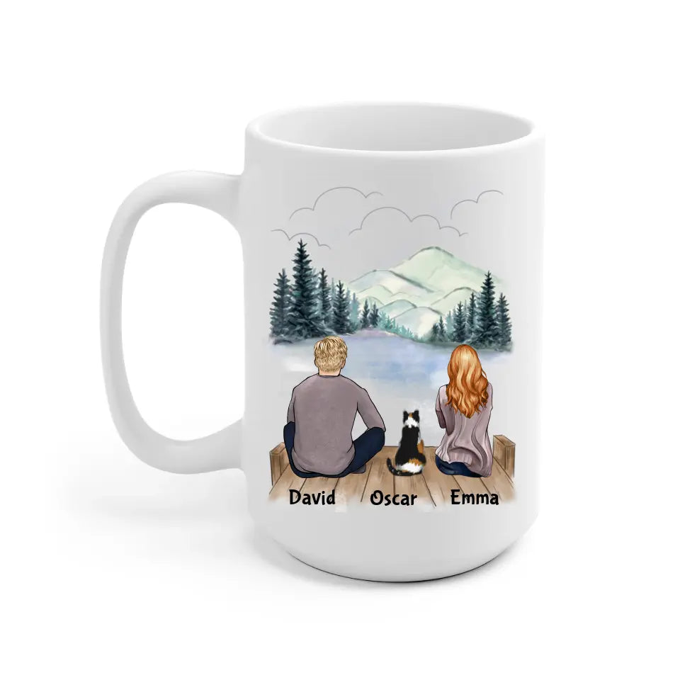 Man and Woman and Cats Personalized Mug - Name, skin, hair, cat, background, quote can be customized