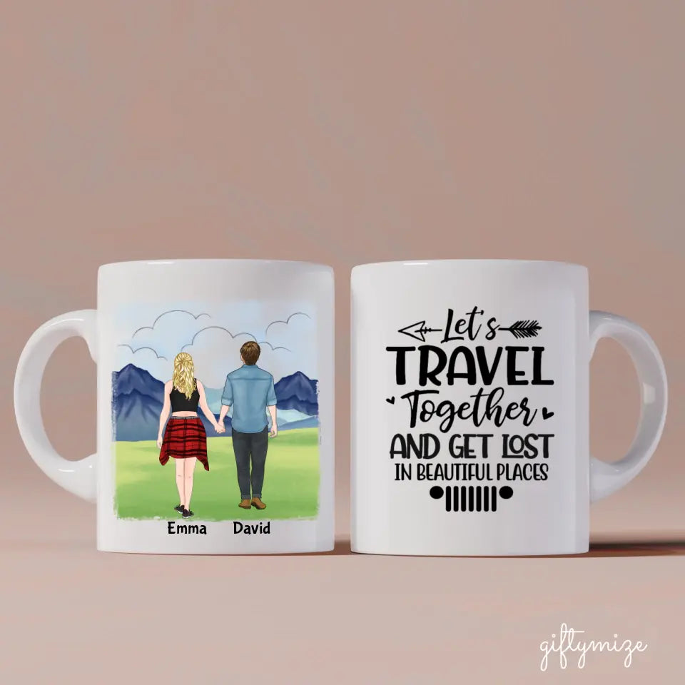Travel Couple For Life Personalized Mug - Name, skin, hair, background, quote can be customized