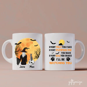 Witch Girl and Cat Personalized Mug - Name, skin, hair, cat, quote, background can be customized