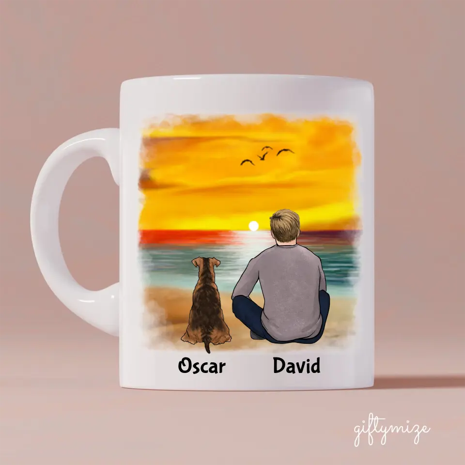 Man and Dogs On The Beach Personalized Mug - Name, skin, hair, dog, quote, background can be customized