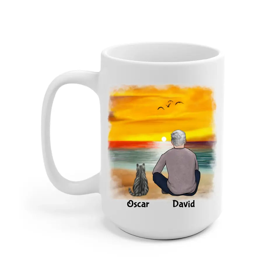 Man and Cats On The Beach Personalized Mug - Name, skin, hair, cat, quote, background can be customized