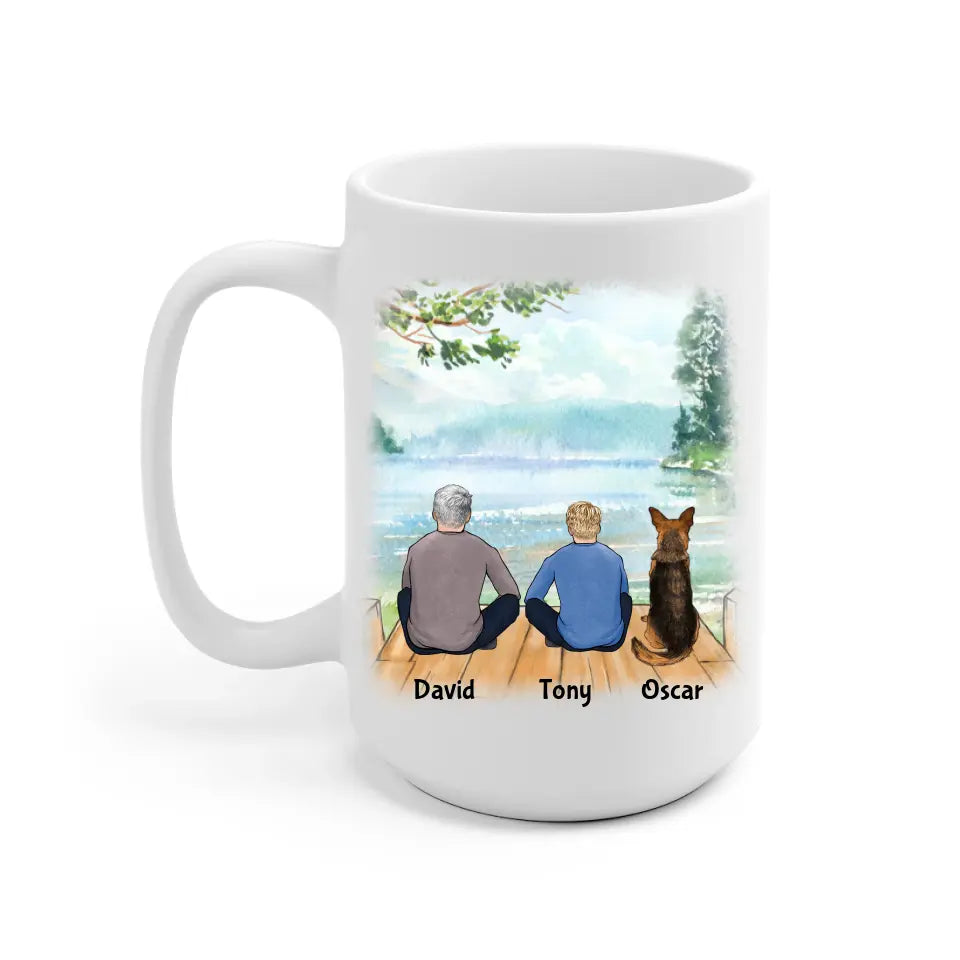 Dad and Son with Dog Squad Personalized Mug - Name, skin, hair, dog, quote, background can be customized